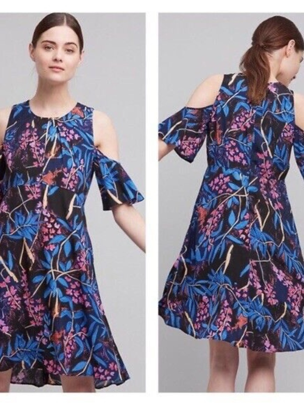 Maeve Elia Cold-Shoulder Floral Swing Dress in Navy and Blue Sz 8